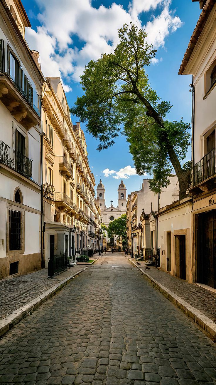 Cobblestone street with colonial architecture